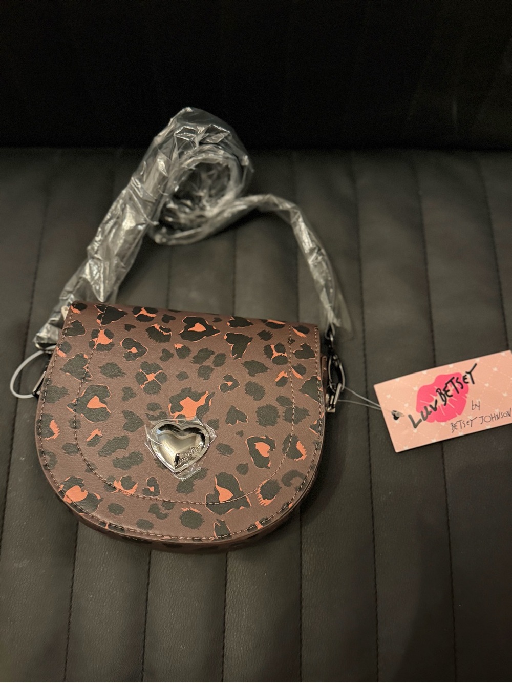Leopard Print Heart Crossbody Bag in Brown by Luv Betsey